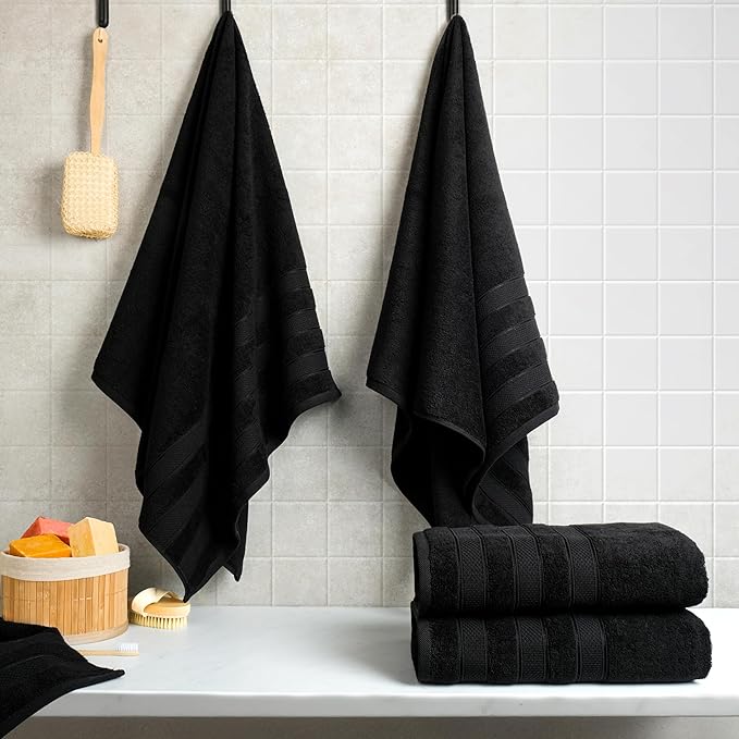American Soft Linen Salem 100% Cotton Turkish 4 Piece Bath Towels for Bathroom, 600 GSM Soft Absorbent Quick Dry Bath Towel Set, Black