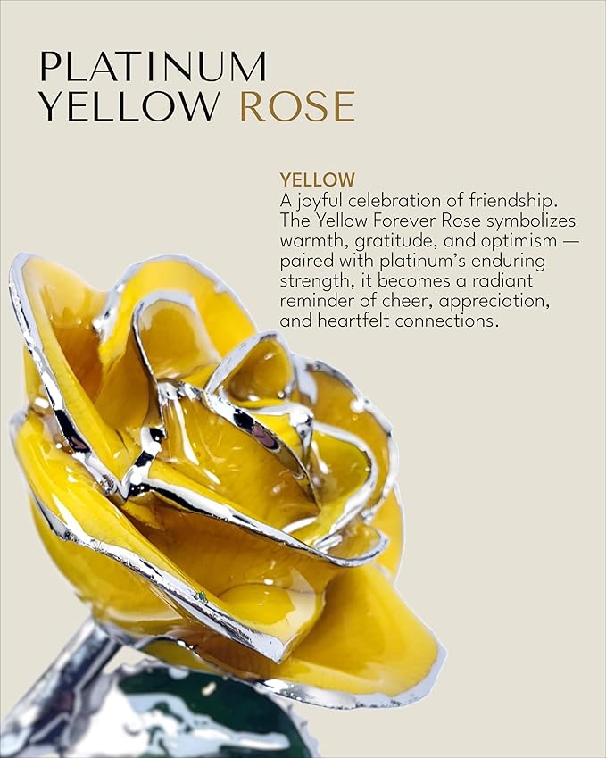 Forever Rose Real Yellow Rose with Platinum Trimmed Petals and Platinum Stem, Handcrafted Preserved Rose in Luxury Gold Gift Box, Romantic Gift for Her, Elegant Gift for Any Occasion