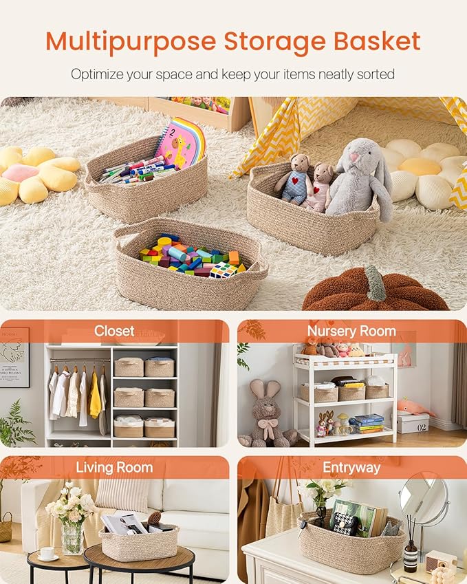 KALLAX Small Woven Basket, 14 x 10 x 5.6 Inches, Small Storage Baskets for Organizing, Gift Baskets Empty, Cute Rope Shelf Closet Storage Bins for Shelves, Dog Toy Basket, Mixed Brown