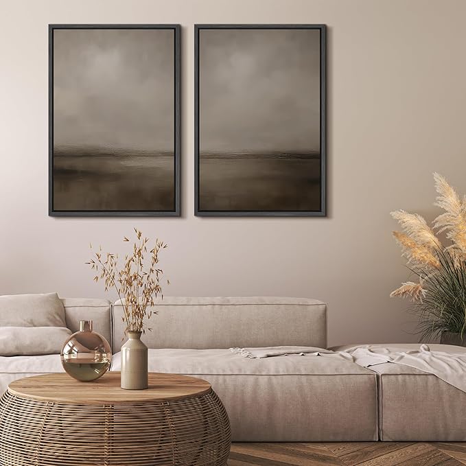 MUDECOR Framed Canvas Print Wall Art Abstract Brown and Taupe Modern Minimalist Misty Landscape Illustrations Modern Art Decorative Bohemian for Living Room, Bedroom, Office - 24"x36"x2 Black