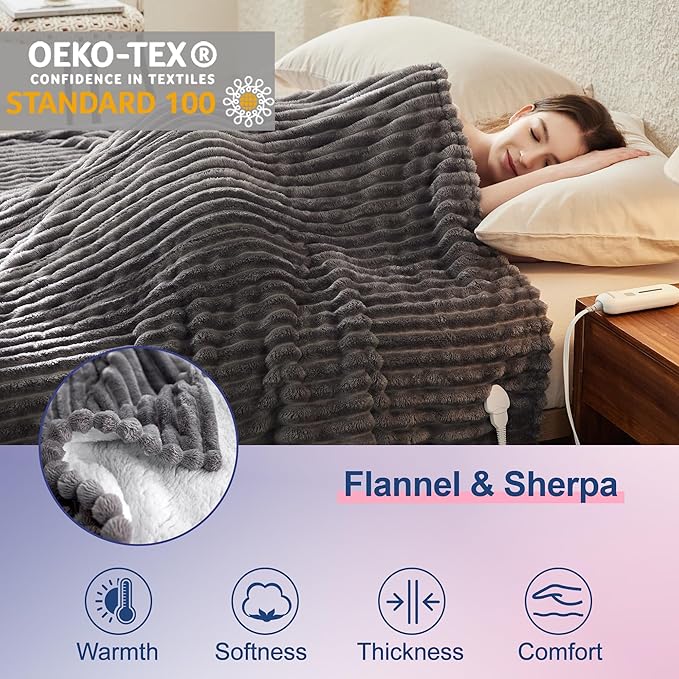 Heated Blanket Electric Blanket 90"x90", Soft Flannel Sherpa Electric Throw with 5 Heating Level & 1-12 Hour Auto Off, Heated Throw with Overheating Protection, Machine Washable (Grey)