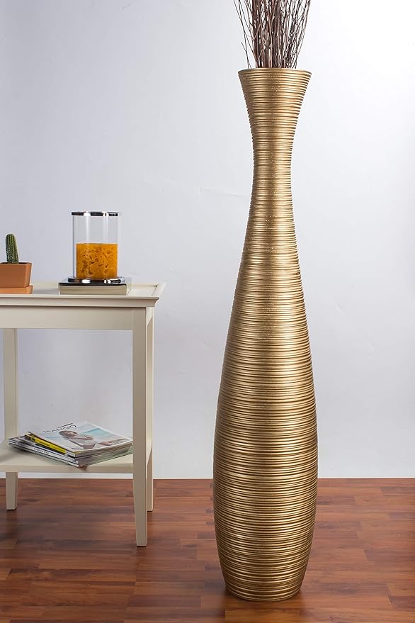Leewadee Large Gold Home Decor Floor Vase – Wooden 41 inches Tall Farmhouse Decor Flower Holder for Fake Plant and Pampas Grass