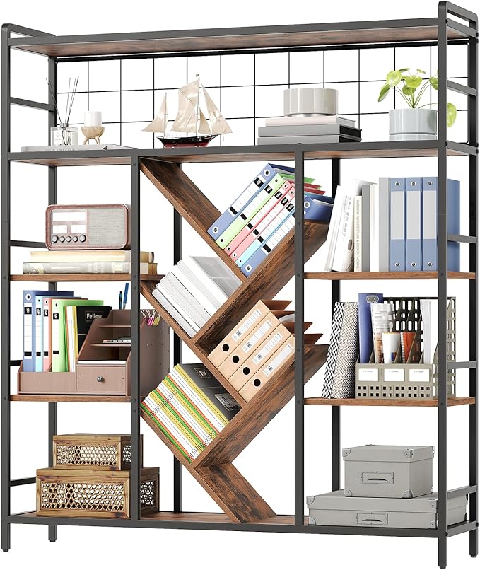 Triple 5-Tier Bookshelf, Industrial Large Bookcase with 14 Open Display Shelves, Modern Tree Bookcase with Metal Frame and Hanging Function for Living Room, Home Office, Rustic Brown and Black