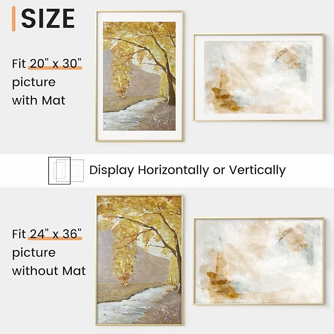 24x36 inch Metal Poster Frame - 24 x 36 Thin Aluminum Picture Frames Matted for 20x30 Photos, Artworks, Prints, Puzzle - High Definition Plexiglass - Vertical and Horizontal Display - Wall Hook Hanging Hardware Included - Gold, 2 Pack