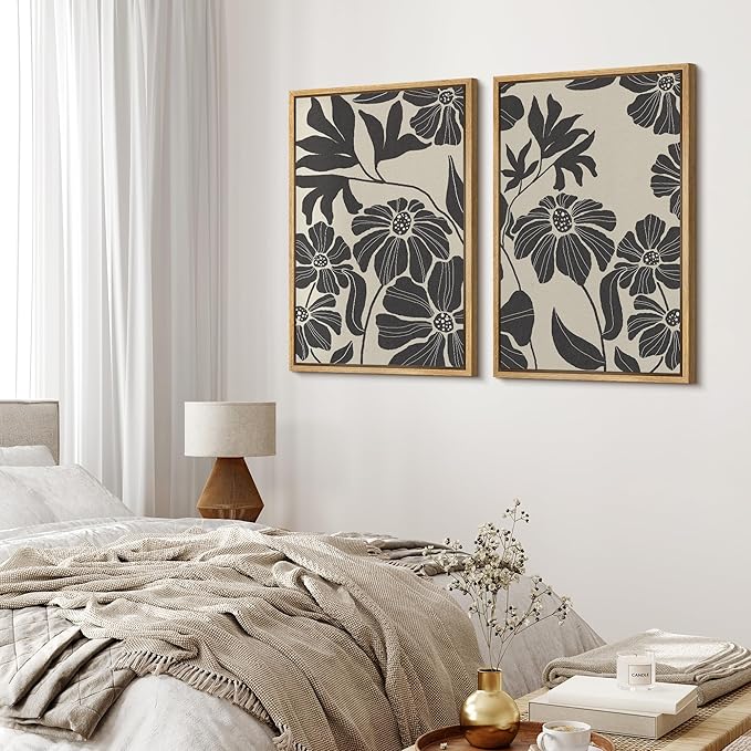 MUDECOR Framed Canvas Print Wall Art Monochrome Floral Botanical Black and White Illustrations Modern Art Decorative Bohemian Colorful Chic for Living Room, Bedroom, Office - 16"x24"x2 Natural
