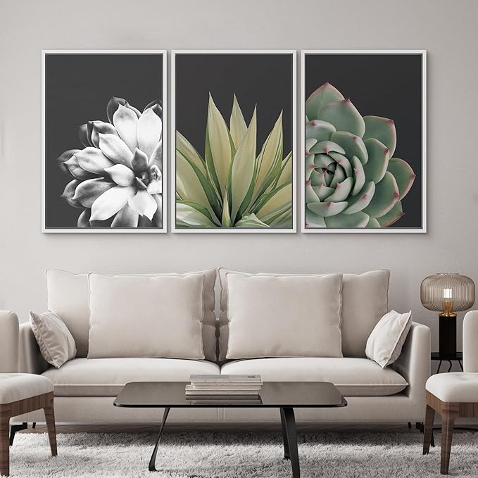 SIGNWIN Framed Wall Art Print Set Echeveria Succulent Variety Nature Plants Photography Modern Art Closeup Relax/Calm Dark Black and White for Living Room, Bedroom, Office - 16"x24"x3 White