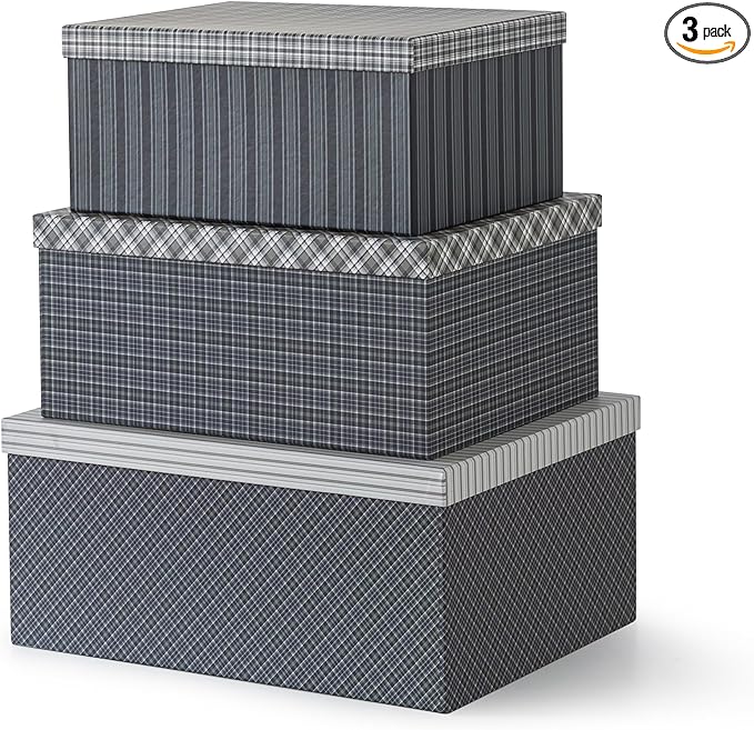 Soul & Lane Classic Plaid Christmas Blue Gift Boxes - Set of 3 - Holiday Decor Checkered Cardboard Storage Box, Decorative Keepsake Boxes with Lids for Presents, Clothing, Decoration