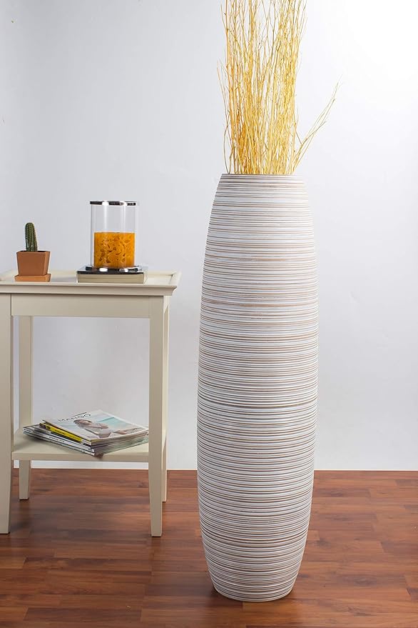 Leewadee Large White Wash Home Decor Floor Vase – Wooden 34 inches Tall Farmhouse Decor Flower Holder for Fake Plant and Pampas Grass