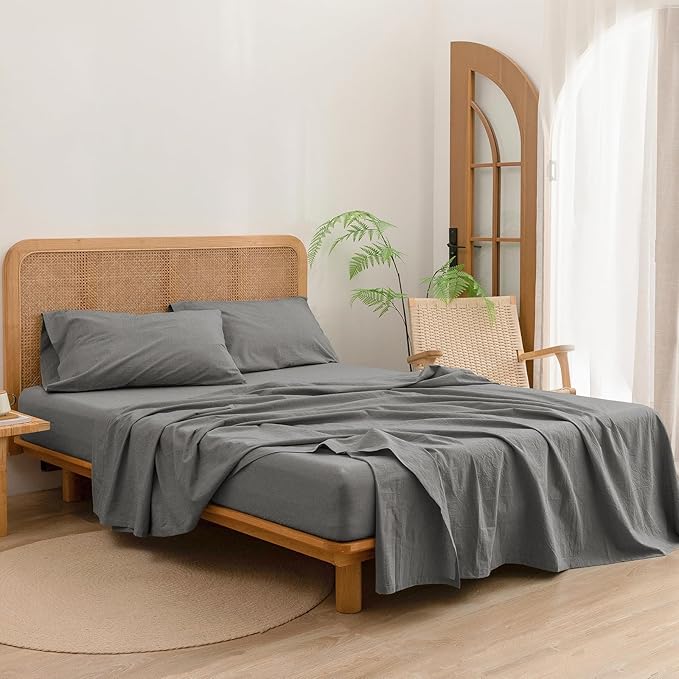 BESTOUCH Sheet Set 100% Washed Cotton Linen Feel Super Soft Comfortable Chic Lightweight 4 Pcs Home Bedding Set Solid Dark Grey Queen