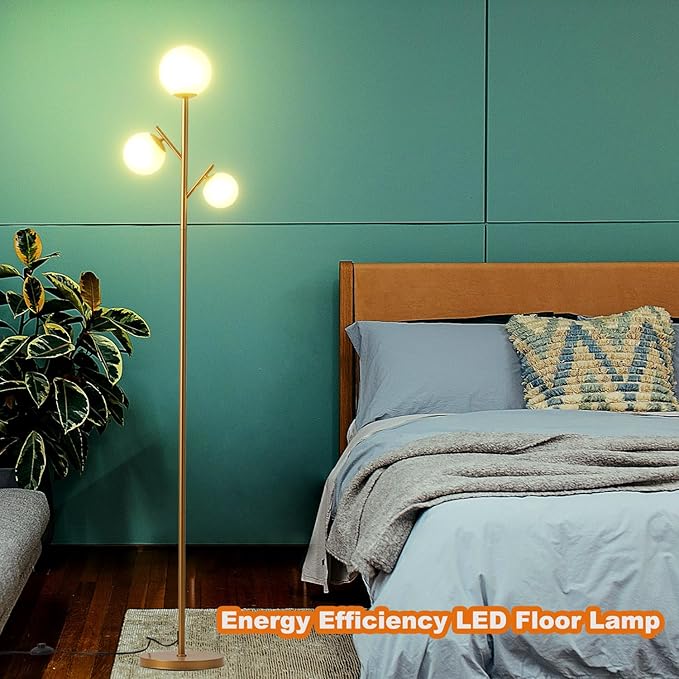 Fiqevs 3 Globe Mid Century Floor Lamp, Vintage Standing Lamp with 3 LED Bulbs & Sphere Frosted Glass Shades, Modern Gold Tree Floor Lamp for Living Room, Bedroom, Office