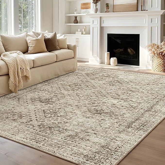 MIULEE 8x10 Vintage Washable Area Rugs Living Room Rug Low Pile Boho Farmhouse Floor Mat for Bedroom Dining Room Under Kitchen Table, Non-Slip Stain Resistant Soft Large Carpet for Home Decor, Brown