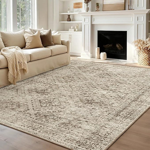 MIULEE 8x10 Vintage Washable Area Rugs Living Room Rug Low Pile Boho Farmhouse Floor Mat for Bedroom Dining Room Under Kitchen Table, Non-Slip Stain Resistant Soft Large Carpet for Home Decor, Brown