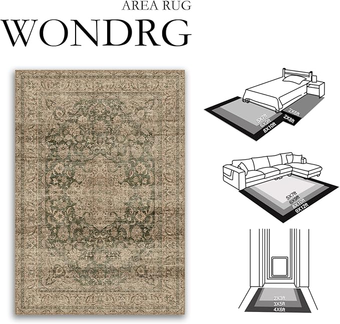 10x14 Green Vintage Area Rug for Living Room Bedroom Large Traditional Low Pile Soft Carpet Non-Slip Thin Retro Distressed Accent Washable Throw Rug for Dining Room Office Kitchen Indoor