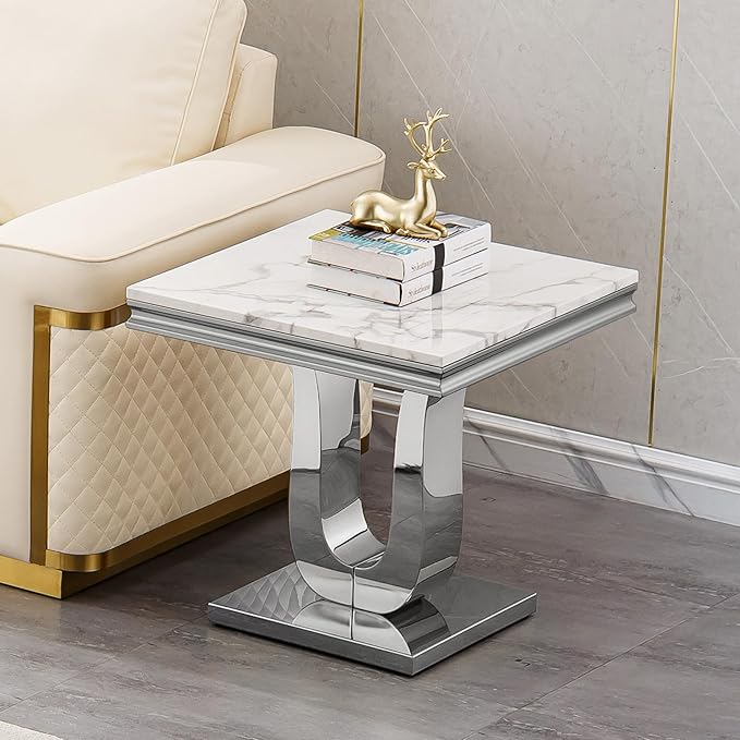 SSLine Modern White Faux Marble End Table Luxury Square Sofa Side Table with Silver Pedestal Base Mid-Century Elegant Bedside Table w/Mirrored Stainless Steel Frame for Living Room Bedroom