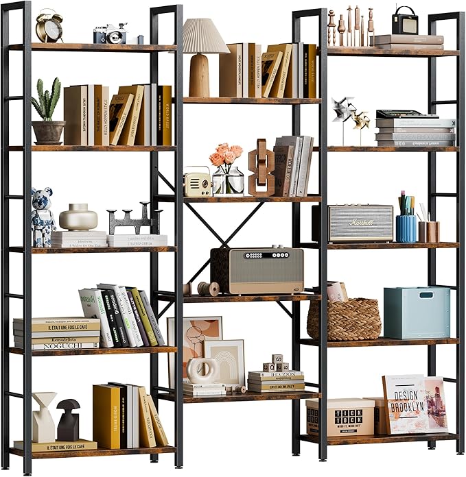 Shintenchi Triple 5 Tier Bookshelf, Industrial Large Bookcase with 14 Open Display Shelves, Large Etagere Bookshelf,Wide Book Shelf Book Case for Home & Office, Rustic Brown