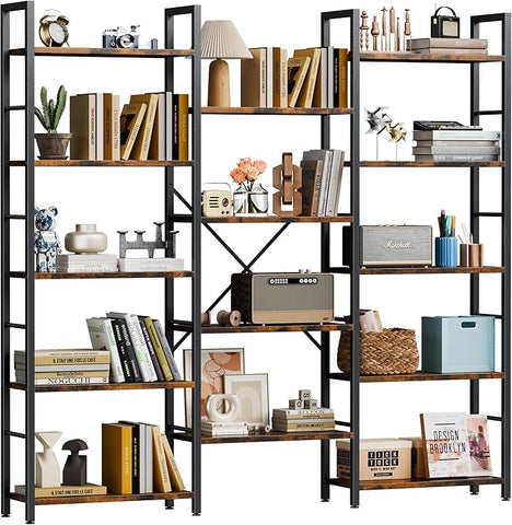 Shintenchi Triple 5 Tier Bookshelf, Industrial Large Bookcase with 14 Open Display Shelves, Large Etagere Bookshelf,Wide Book Shelf Book Case for Home & Office, Rustic Brown