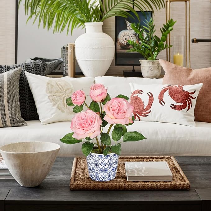 Hollyone Pink Roses Artificial Flowers in Blue and White Porcelain Vase 13.4" Fake Roses Flower Arrangement Artificial Plants & Flowers Potted Plant Faux Silk Rose Flower with Ceramic Pot Home Decor