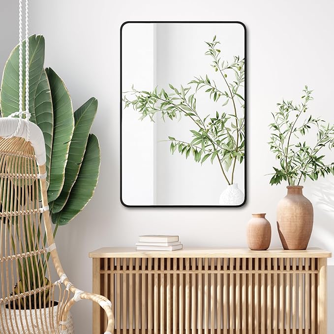 27"x40" Bathroom Wall Mirror with Matte Black Metal Frame & HD Glass, Copper-Free Mirrors Modern Rectangle Round Corner Framed Vanity Mirror - Horizontal or Vertical Installation