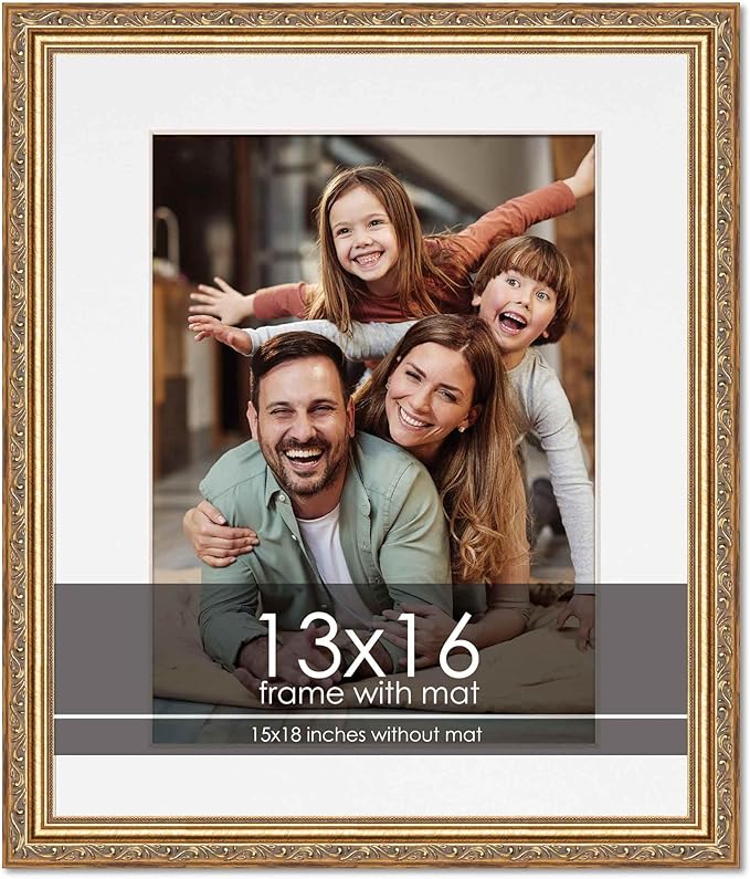 13x16 Frame with Mat - Antique Gold 15x18 Frame Wood Made to Display Print or Poster Measuring 13 x 16 Inches with White Photo Mat