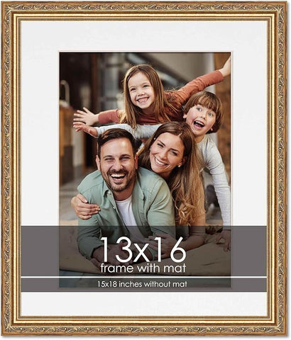 13x16 Frame with Mat - Antique Gold 15x18 Frame Wood Made to Display Print or Poster Measuring 13 x 16 Inches with White Photo Mat