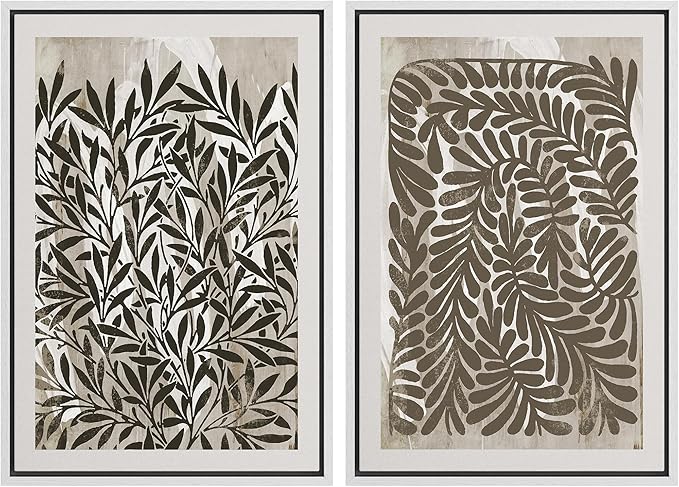 SIGNWIN Framed Canvas Print Wall Art Modern Botanical Abstract Black and Beige Leaf Illustrations Decorative for Living Room, Bedroom, Office - 24"x36"x2 White