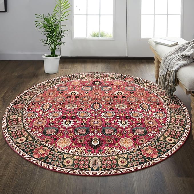 vivorug Round Rug 5ft Vintage Round Area Rug Non-Slip Indoor Carpet for Living Room Bedroom Entryway, Stain Resistant Home Decor Circle Rug, Cherry Red/Spice
