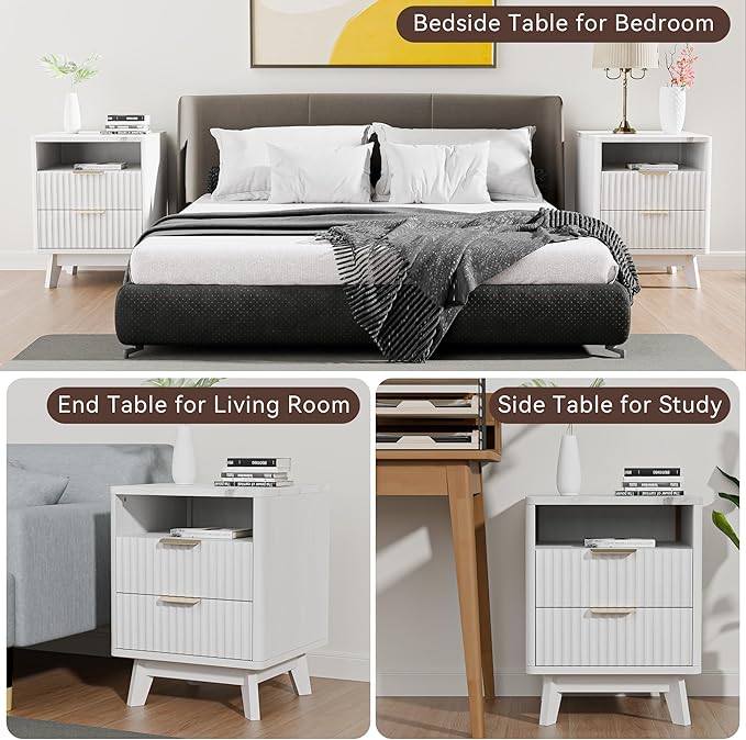 Fluted White Nightstand with 2 Drawers, 18" Modern Bed Night Stand with Faux Marble Top, Open Storage Shelf, Curved Edge Bedside Table for Bedroom, Living Room End Side Table