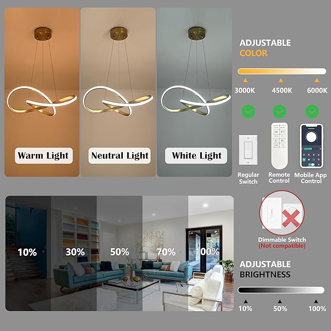 20" Gold Modern led Chandelier for Living Room,Irregular Ring Modern Pendant Lights Kitchen Island,Dimmable Remote Control H79 Adjustable led Pendant Light for Bedroom Dining Room Entryway