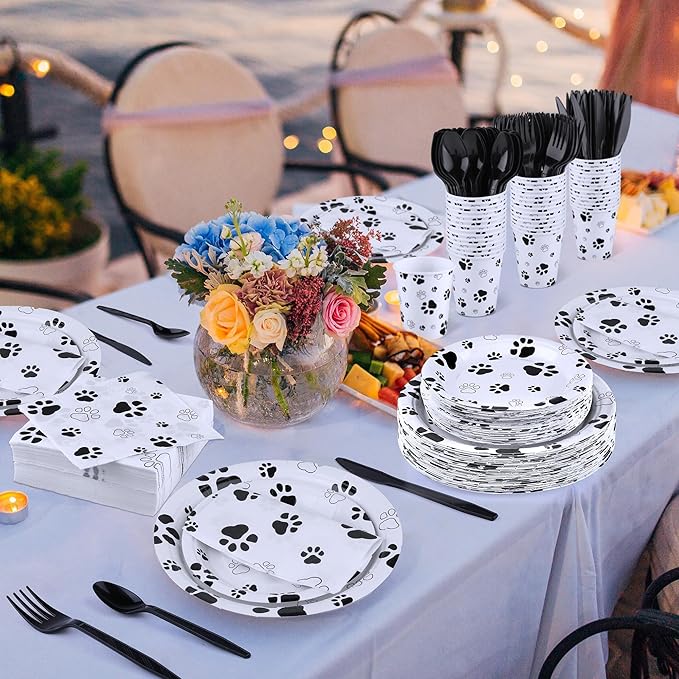 400 Pieces Black Paw Disposable Party Tableware Sets Dog Puppy Supplies Including Plates Cups Napkins Cutlery Serves 50 for Birthday Puppy Theme Party Decorations
