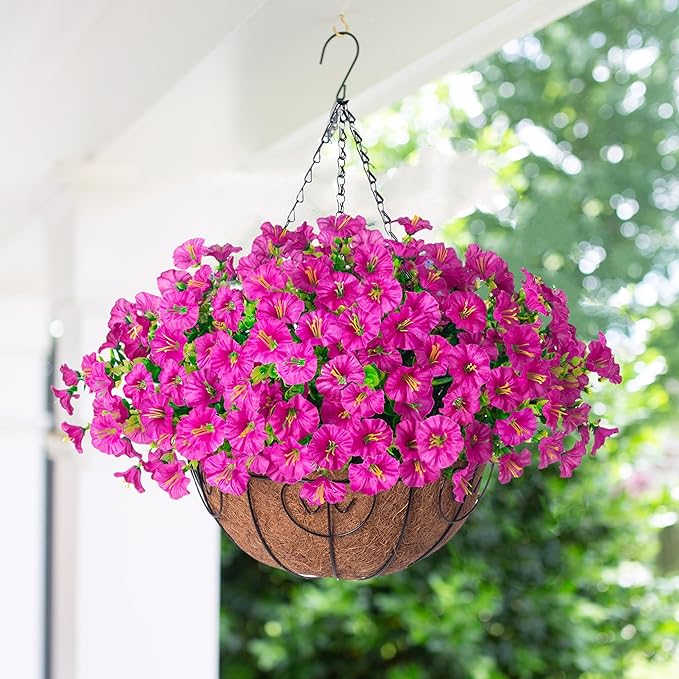 Artificial Fake Hanging Flowers Plants in Basket for Outdoor Decoration, 12 Pcs Faux Morning Glory in Planter Realistic UV Resistant Silk Flowers for Home Porch Patio Balcony Yard Outside, Fuchsia