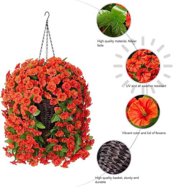 Artificial Fake Fall Hanging Flowers Plants with Basket for Outdoor Decor, Faux Silk Realistic Morning Glory Floral Arrangement Planter UV Resistant for Outside Porch Patio Balcony Garden (Orange)
