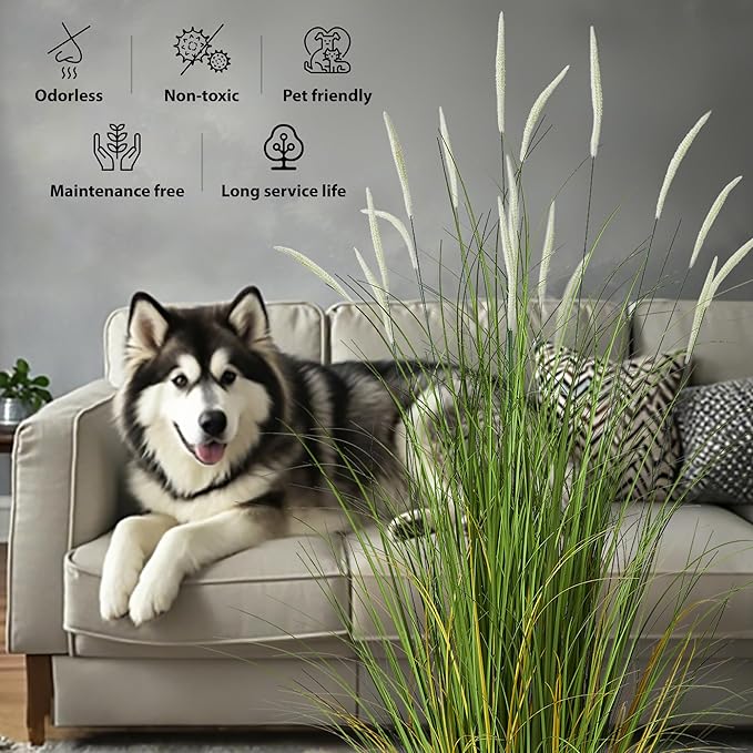 KOL 4ft 2-Pack Artificial Cattail Reed Grass, 47.2’’ Artificial Indoor Outdoor Fake Onion Grass Plant, Home Office Wedding Decorative Potted Plant, Faux Floor Greenery, Housewarming Gift, White