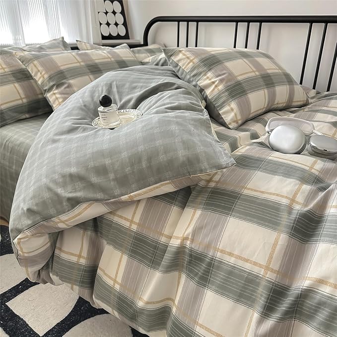 VM VOUGEMARKET Plaid Bedding Set King 100% Cotton Green Grid Duvet Cover Set,Modern Men Boy's Comforter Cover with Zipper Closure-King