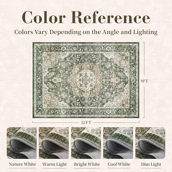 PADOOR-Vintage Area Rug 9X12 Rugs for Living Room-Soft Olive Green Rugs for Bedroom-Machine Washable Rug Non Slip Carpet-Rug for Dining Room Living Room Bedside Office