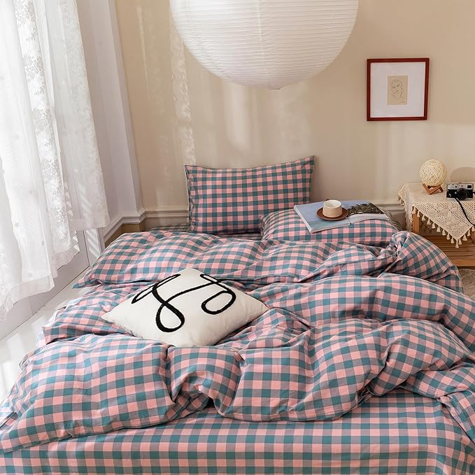 VM VOUGEMARKET 3 Pieces Grid Duvet Cover Set Washed Cotton Pink Purple Blue Plaid Checker Printed Comforter Cover with Zipper Soft Lightweight & Breathable Quilt Cover Set King