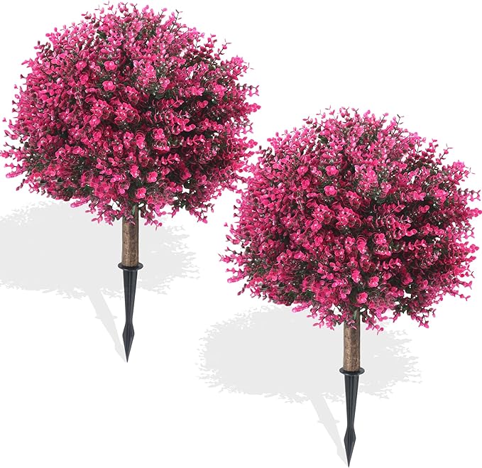 Set of 2 Pack Large Artificial Rose Boxwood Topiary Ball Tree, 24.8" Tall Outdoor Simulated Bushes UV Resistant with Ground Spike, Faux Rose Plants for Outside, Front Porch, Home Garden Decor