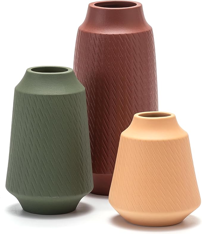 Ceramic Vase Set of 3, Modern Multicolor Pattern Flower Vases for Home Decor, Office, Centerpieces, Boho Farmhouse Style (Red/Green/Orange)