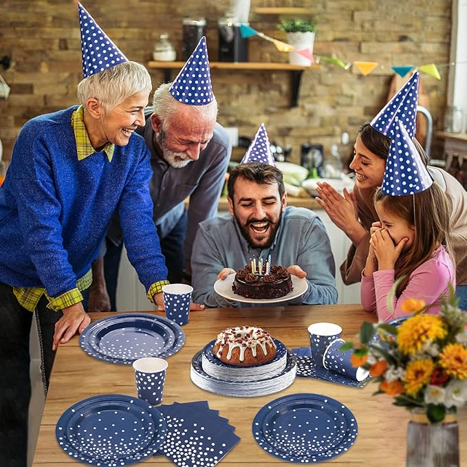 200 Navy Blue Plates and Napkins Party Supplies - Serve 50 Guests, Blue and Silver Birthday Plates Disposable for Wedding Anniversary Retirement Graduation Decorations