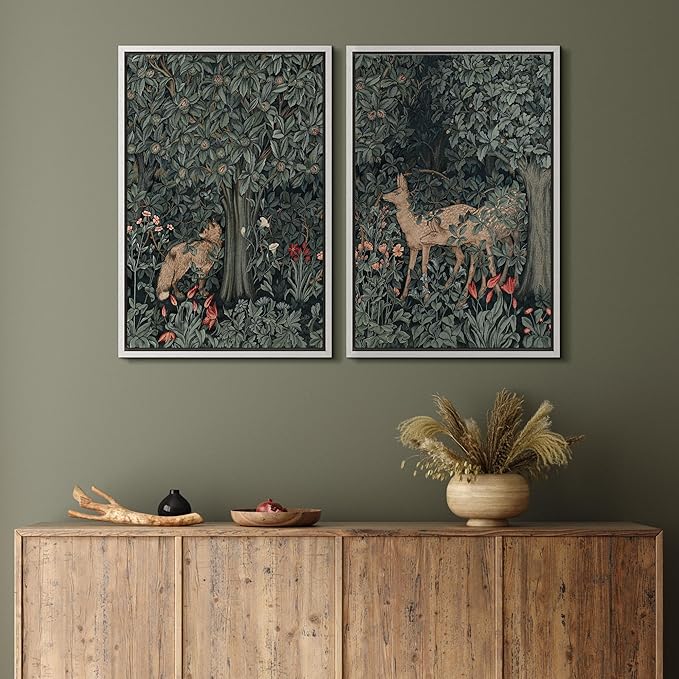 MUDECOR Framed Canvas Print Wall Art Enchanting Forest Wildlife Prints Deer & Fox in Woodland Nature Wilderness Illustrations Realism Decorative for Living Room, Bedroom, Office - 16"x24"x2 White