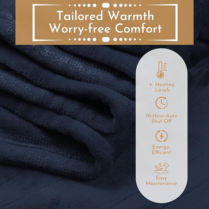 Electric Heated Blanket Microplush Cover Blanket, Full Size 72"x84" with 5 Heat Settings & 10 Hours Auto Off, Cozy & Warm for All Night, Machine Washable, Dark Blue