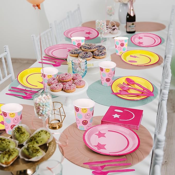 400 Pieces Preppy Smiley Face Party Tableware Set Paper Smile Face Plates Napkins Paper Cups Cutlery for Preppy Birthday Party Decorations Baby Shower Decor, Serve 50 Guest