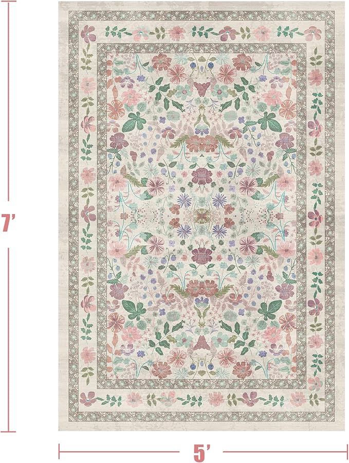 Deerly Floral Area Rugs 5x7 Vintage Boho Washable Non-Slip Living Room Carpet Soft Low Pile Thin Bedroom Floor Mat Indoor for Dining Room Playroom Nursery Farmhouse, Beige/Light Pink/Multi