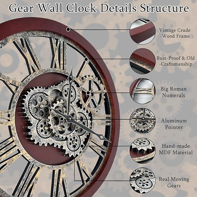HOIBAI 18 Inch Big Moving Gears Farmhouse Vintage Rustic Roman Oversized Wall Clock for Home Bedroom Kitchen Decor