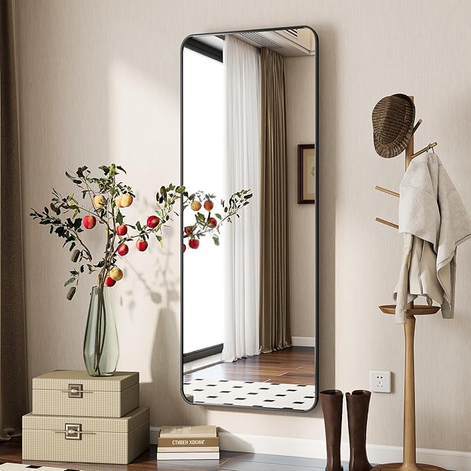 BEAUTYPEAK Black Full Length Mirror, 56"x21" Rounded Corner Floor Mirror Standing Hanging or Leaning Against Wall, Suitable for Bedroom or Dressing Room