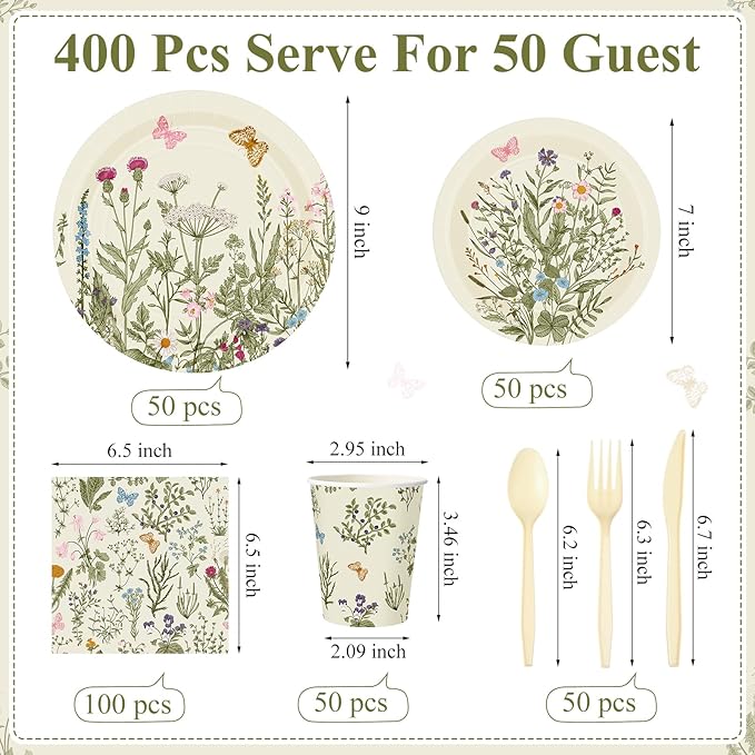 400 Pcs Wild Floral Disposable Paper Plates Napkins Cups Serve 50 Watercolor Floral Tableware Set for Spring Wedding Tea Party Decoration Bridal Baby Shower(Vintage Color, Classic Style)