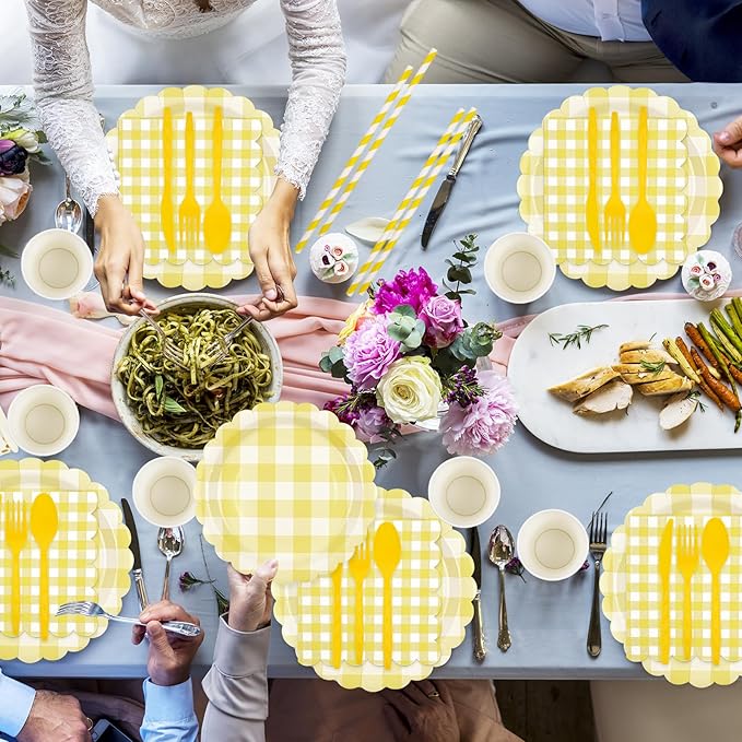 400PCS Yellow Gingham Party Supplies, Scalloped Disposable Tableware Set Includes Paper Plates Napkins Cups Straws Forks Knives Spoons for Baby Shower Birthday Wedding Decorations, Serve 50