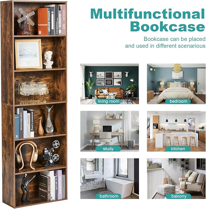 6-Tier Book Shelf, Floor Standing Open Bookcase, Wooden Display Storage Shelves with Anti-Tipping Device, 71" Tall Bookshelf for Bedroom, Living Room and Office, Brown