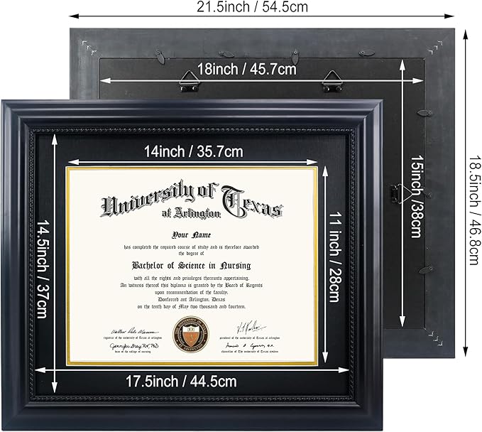 11x14 Diploma Degree Frame with Mat or Display 15x18 Certificates without Mat,Solid Wood,Black Finish with Intricate Black Rope Detail,UV Protection Acrylic
