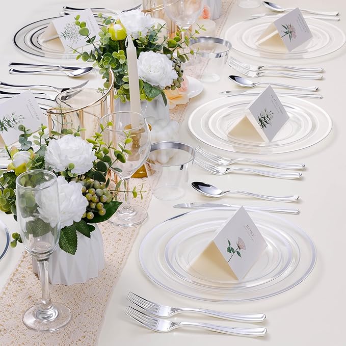 100PCS Clear Plastic Plates for Party, 10.25 Inch Heavy Duty Dinner Plates with Silver Rim, Disposable Plates for Wedding and Birthday