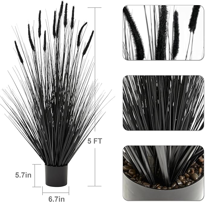 KOL Artificial 5FT 2-Pack Black Horsetail Reed Grass, 59’’ Artificial Indoor Outdoor Fake Grass Plant, Home Office Decoration Artificial Plants & Flowers in Pot Faux Greenery, Housewarming Gift Grass